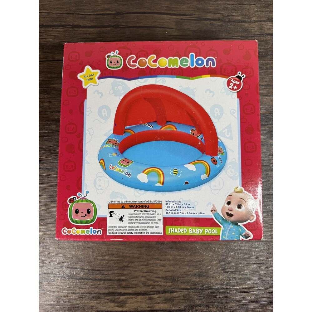 New Cocomelon Toddler Inflatable Shaded Pool 7 Gallon Ages 2+ Size 39”x 39”x 26”